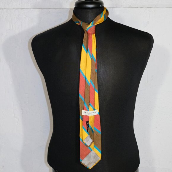 Christian Dior Vintage Yellow, Brown & Red w Blue Digaonal Stripe Silk Neck tie - Picture 3 of 7